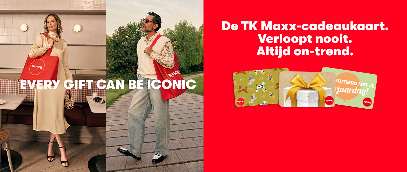 Een vrouw draagt een stijlvolle gele jurk. Een man draagt smart casual kleding. De tekst luidt: ‘Everyday can be iconic. De TK Maxx-cadeaukaart. Verloopt nooit. Altijd on-trend. Cadeaukaart kopen.
