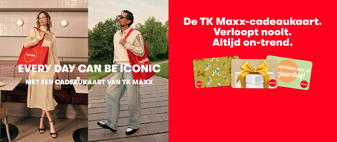 Een vrouw draagt een stijlvolle gele jurk. Een man draagt smart casual kleding. De tekst luidt: ‘Everyday can be iconic. De TK Maxx-cadeaukaart. Verloopt nooit. Altijd on-trend. Cadeaukaart kopen.